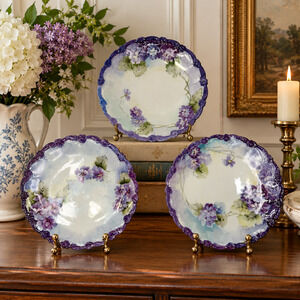 Antique 1902 T&V Limoges France Hand Painted Floral Plates Set 3